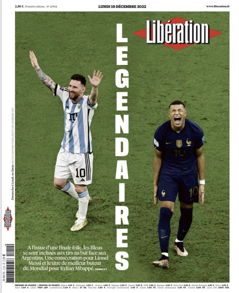 La une de <a href="/libe/">Libération</a> belle et douloureuse. #ArgentinaVsFrance #Mbappe𓃵