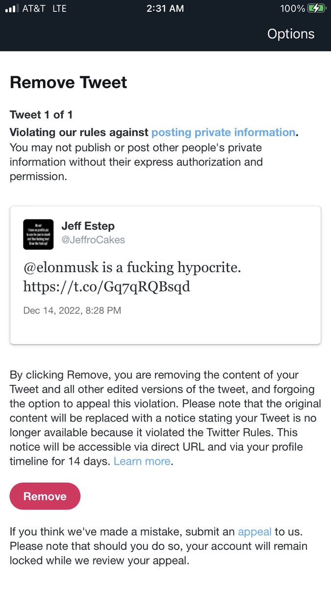 JeffroCakes's tweet photo. Someone is a fucking cunt and doesn’t like publicly available information being available on Twitter. Go fuck yourself Elon, you whiny primadonna manchild. 🖕🏻 https://t.co/XHRWQxf0QP