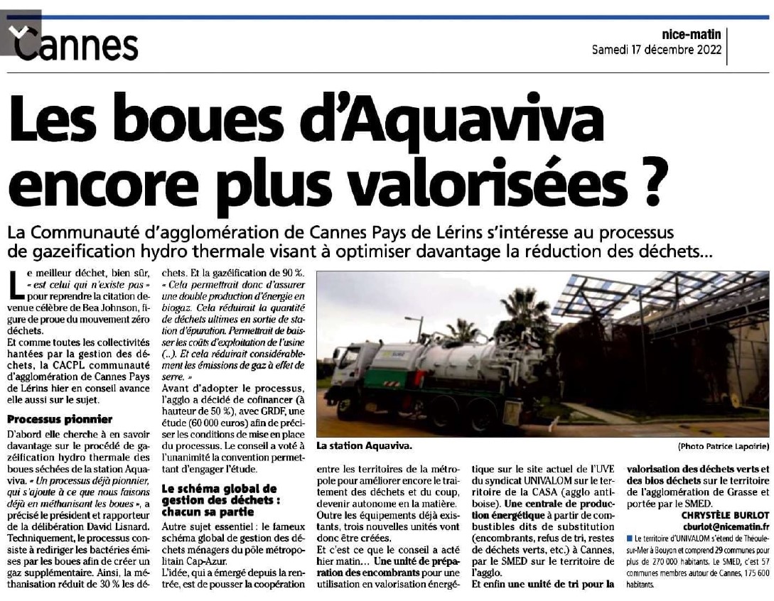 [PRESSE] 🗞

🔎 L'Agglomération #CannesLérins et <a href="/GRDF/">GRDF</a> engagent une étude pour faire émerger la 1ère unité de gazéification hydrothermale sur le territoire et ainsi produire de l’hydrogène et du biométhane, à partir des boues déjà méthanisées.

A lire dans <a href="/Nice_Matin/">Nice-Matin</a> ⤵️