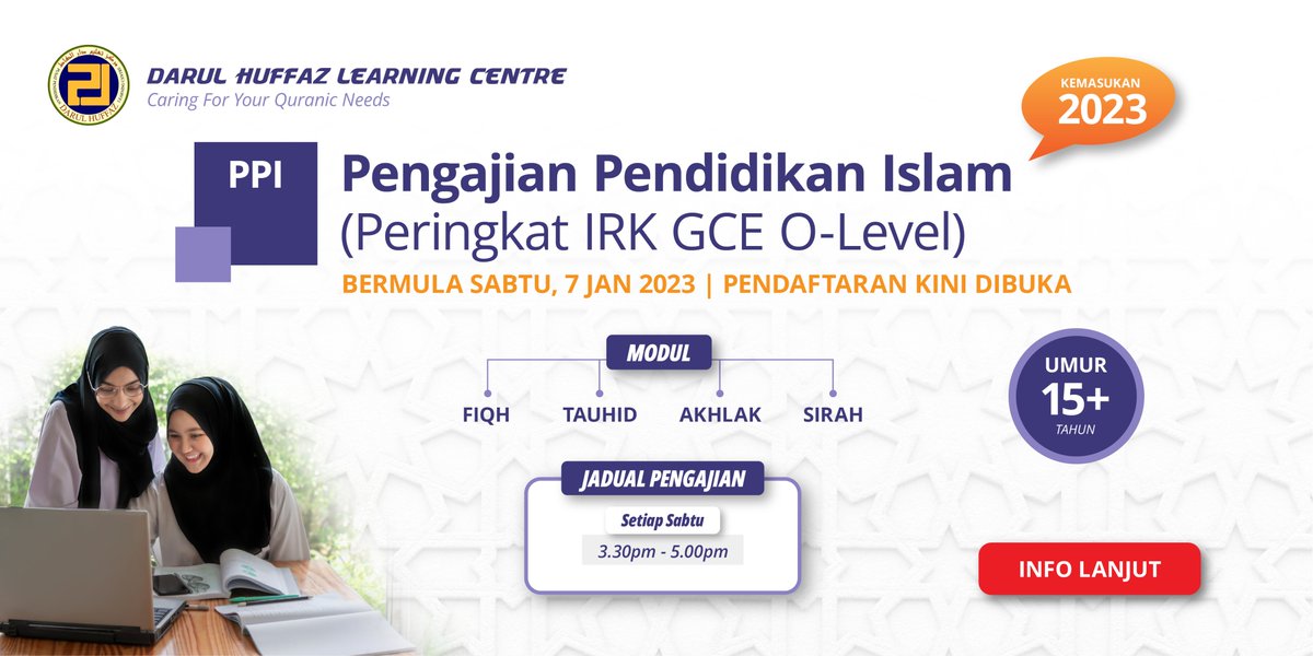 Pengajian PPI adalah di peringkat GCE O-Level bagi subjek Pengetahuan Agama Islam (IRK). Tempoh pengajian adalah 4 tahun. 

Info lanjut: darulhuffaz.sg/programs/islam…