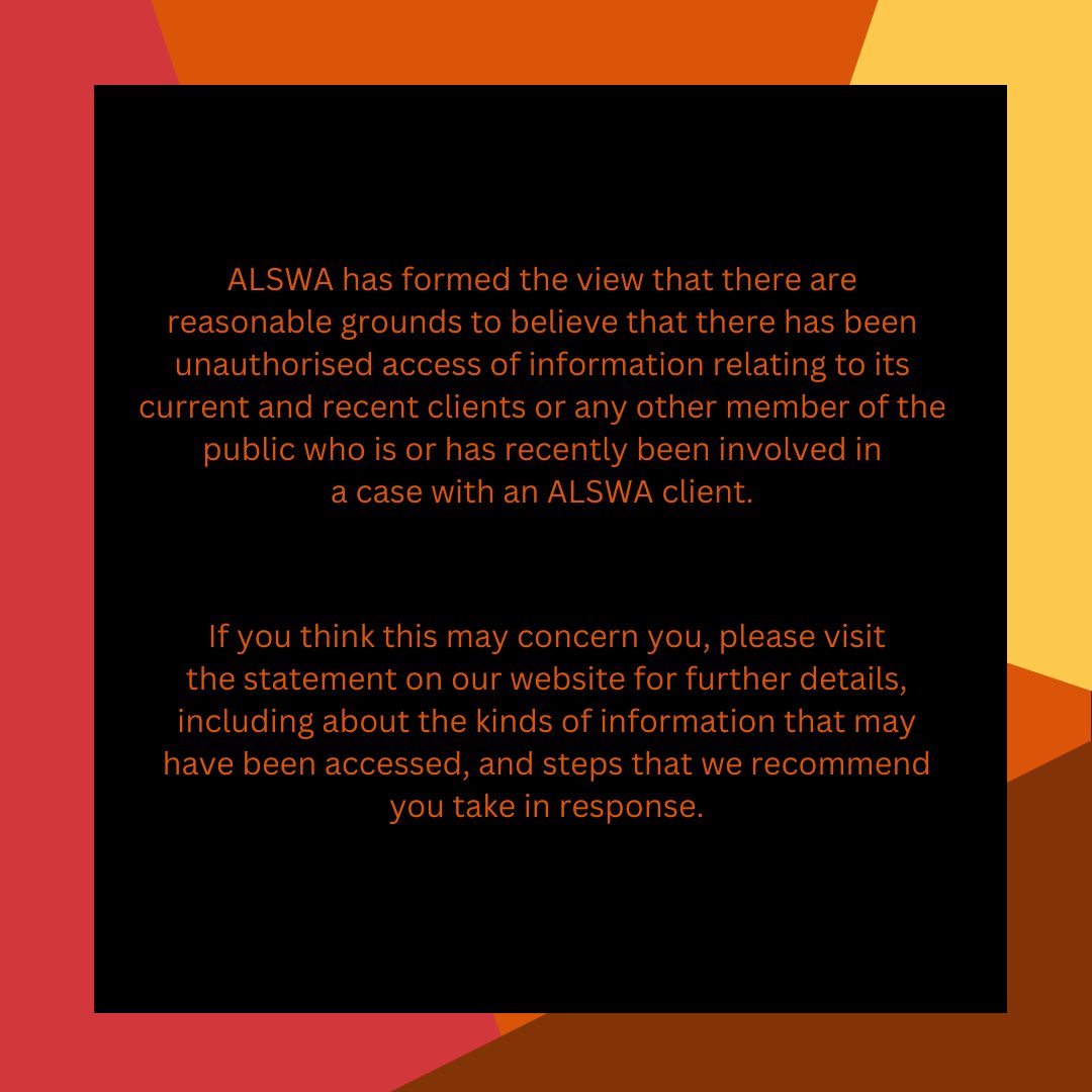 Notification of Eligible Data Breach: 

Please visit our website Statement for further details, including about the kinds of information that may have been accessed, and steps that we recommend you take in response.

als.org.au/statement-of-e…