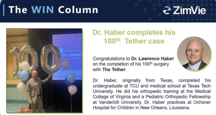 LawrenceHaber2's tweet photo. Recognized for our 100th VBT, a minimally invasive and motion sparing treatment for scoliosis.We are a national leader and the only ones in our multi state region doing tethers. Fusion is not the only option!Thanks to our great teams at Ochsner and Zimvie! ⁦@OchsnerHealth⁩ https://t.co/KdGtsBIxLh