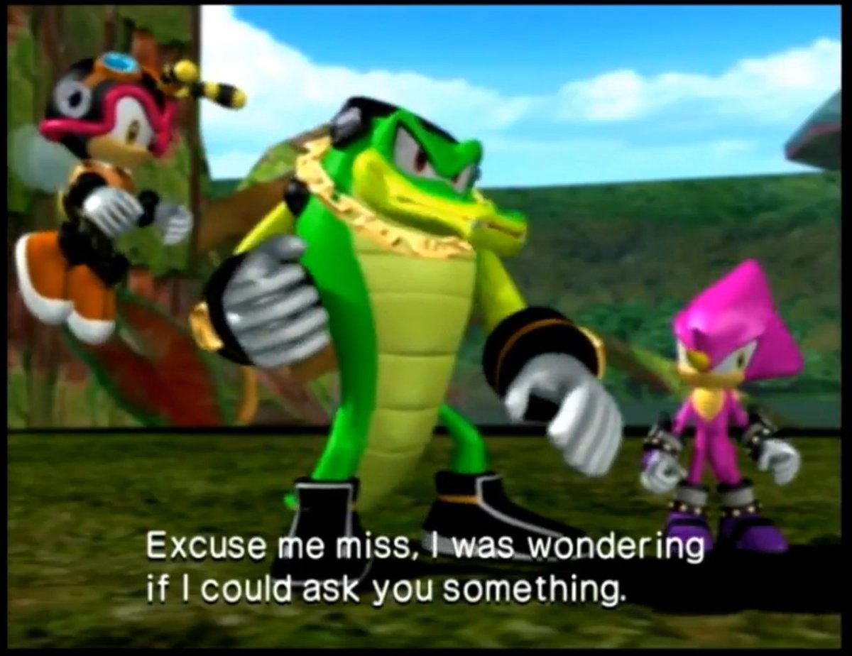 semifreqsonic's tweet photo. In Sonic Heroes, Amy thinks she's hot shit and assumes Vector wants to go on a date with her upon approach.

Vector, being an adult that has just been baselessly accused of having romantic interest in a 12-year-old in front of several other people, responds appropriately. https://t.co/YO7NoZXSNL