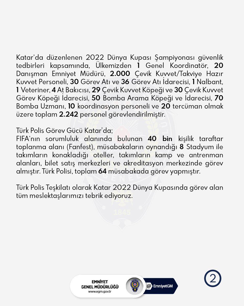 Türk Polisi, Katar'da düzenlenen 2022 FIFA Dünya Kupası'ndaki görevini başarıyla tamamladı.
Dünya Kupasında görev alan tüm meslektaşlarımızı tebrik ediyoruz.

#FIFAWorldCup