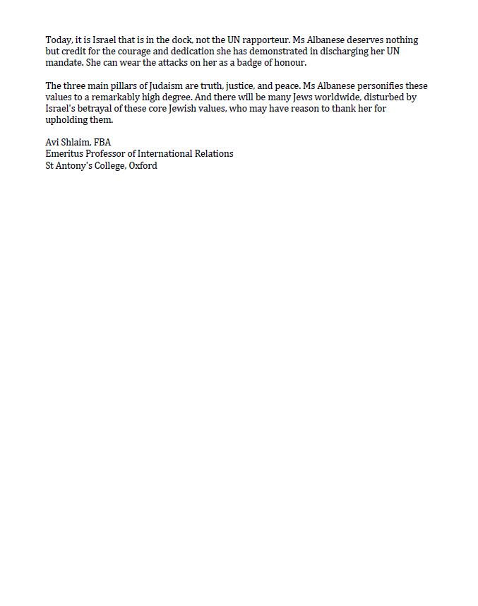 jsternweiner's tweet photo. I received this powerful statement from Professor Avi Shlaim (University of Oxford) in defence of UN Special Rapporteur Francesca Albanese, who is currently 'under savage attack in the Israeli press and in social media for alleged antisemitism' – please read and share https://t.co/JFJs2SQiEN