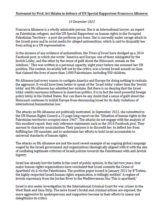 jsternweiner's tweet photo. I received this powerful statement from Professor Avi Shlaim (University of Oxford) in defence of UN Special Rapporteur Francesca Albanese, who is currently 'under savage attack in the Israeli press and in social media for alleged antisemitism' – please read and share https://t.co/JFJs2SQiEN