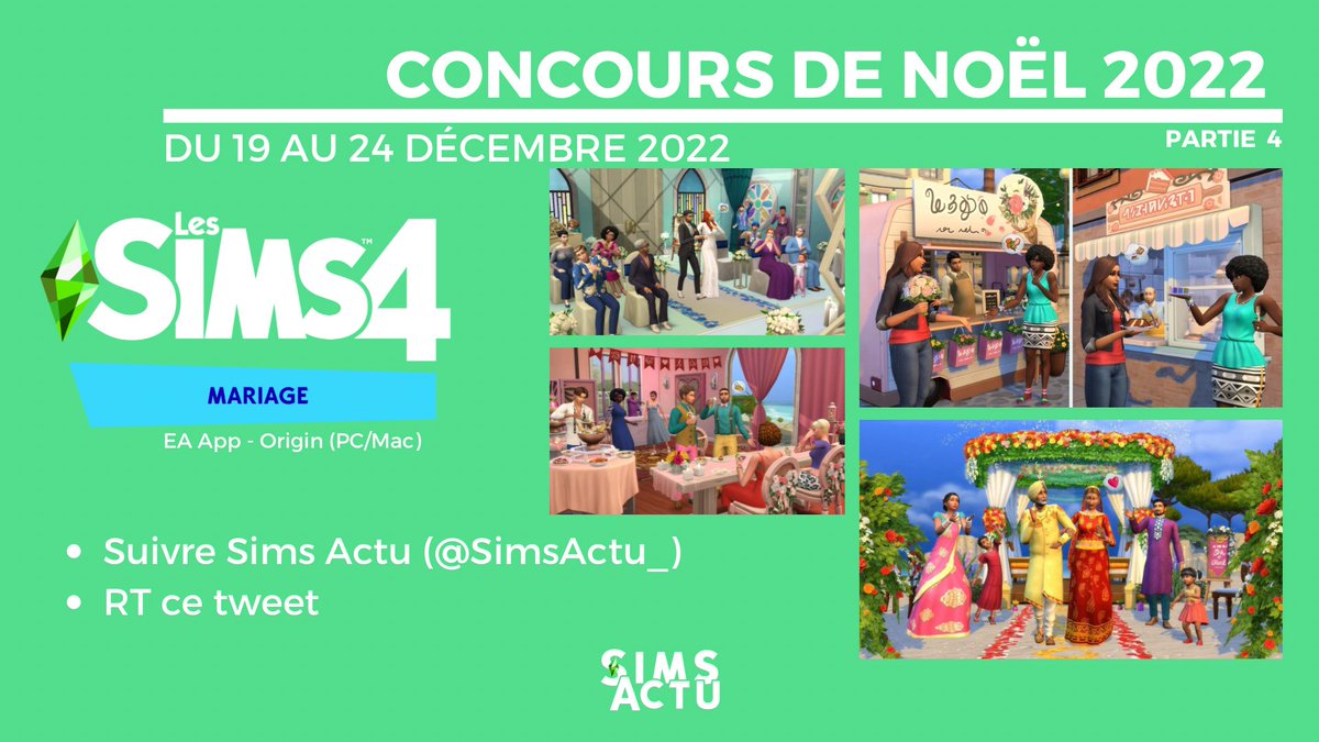 SimsActu_'s tweet photo. [CONCOURS DE NOËL]
Décembre se termine et voici notre dernier concours du mois : tentez de gagner le pack de jeu Les #Sims4 Mariage en nous suivant et en faisant un RT de ce tweet ! Vous avez jusqu’au 24 décembre à 17h CET 🎉 #Sims https://t.co/EMqPG6AIbM
