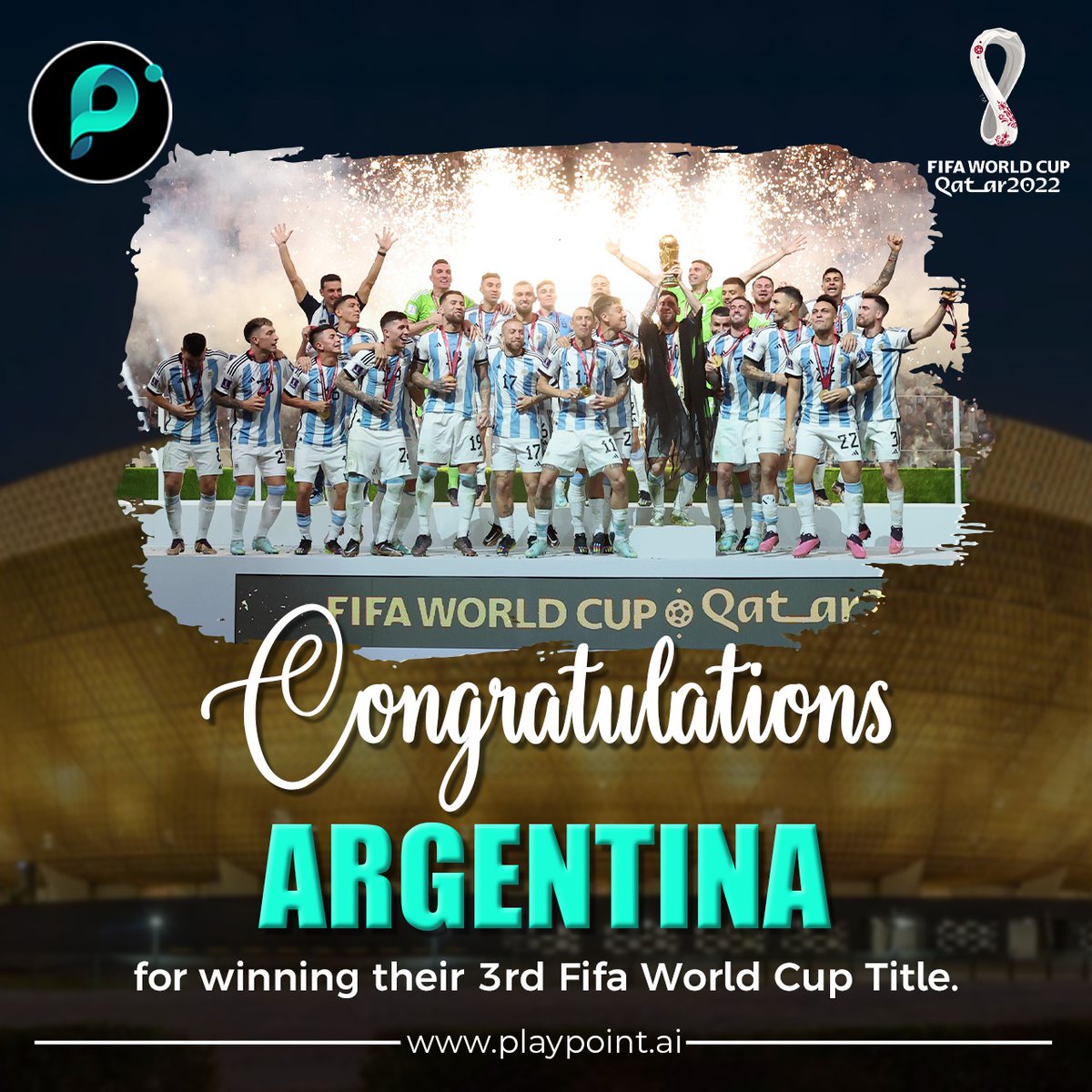 👉#Playpoint would like to Congratulate, #Argentina 🇦🇷 for winning their 3rd #FIFAWorldCup title.

#Congratulations 
#Arbitrum #crypto #Blockchain #BTC       #games #Metamask #finance #cryptocurrency #goal #WINNER   #finance #Legend #Champions #Qatar2022