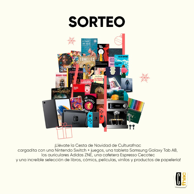 culturafnaces's tweet photo. ¡Vuelve el sorteo de la cesta de Navidad de Culturafnac! Viene bien cargadita de algunos de los mejores libros, vinilos y películas del año. ¡Pero también de una cafetera, una tablet o la mismísima Nintendo Switch! ¿Quieres participar? Echa un vistazo.