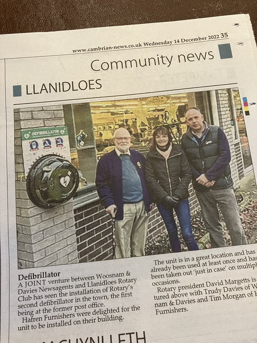 Woosnam & Davies News (@trudydavies1964) on Twitter photo Great collaboration in our Town between businesses & organisations makes a stronger community, awareness saves lives when it comes to where the #Defibrillators are sited #Llanidloes Thank you at <a href="/CambrianNews/">Cambrian News</a> #CambrianNews #LocalNews for featuring.
<a href="/HafrenFurnish/">Hafren Furnishers</a> <a href="/RotaryGBI/">Rotary GB & Ireland</a> Great collaboration in our Town between businesses & organisations makes a stronger community, awareness saves lives when it comes to where the #Defibrillators are sited #Llanidloes Thank you at <a href="/CambrianNews/">Cambrian News</a> #CambrianNews #LocalNews for featuring.
<a href="/HafrenFurnish/">Hafren Furnishers</a> <a href="/RotaryGBI/">Rotary GB & Ireland</a>