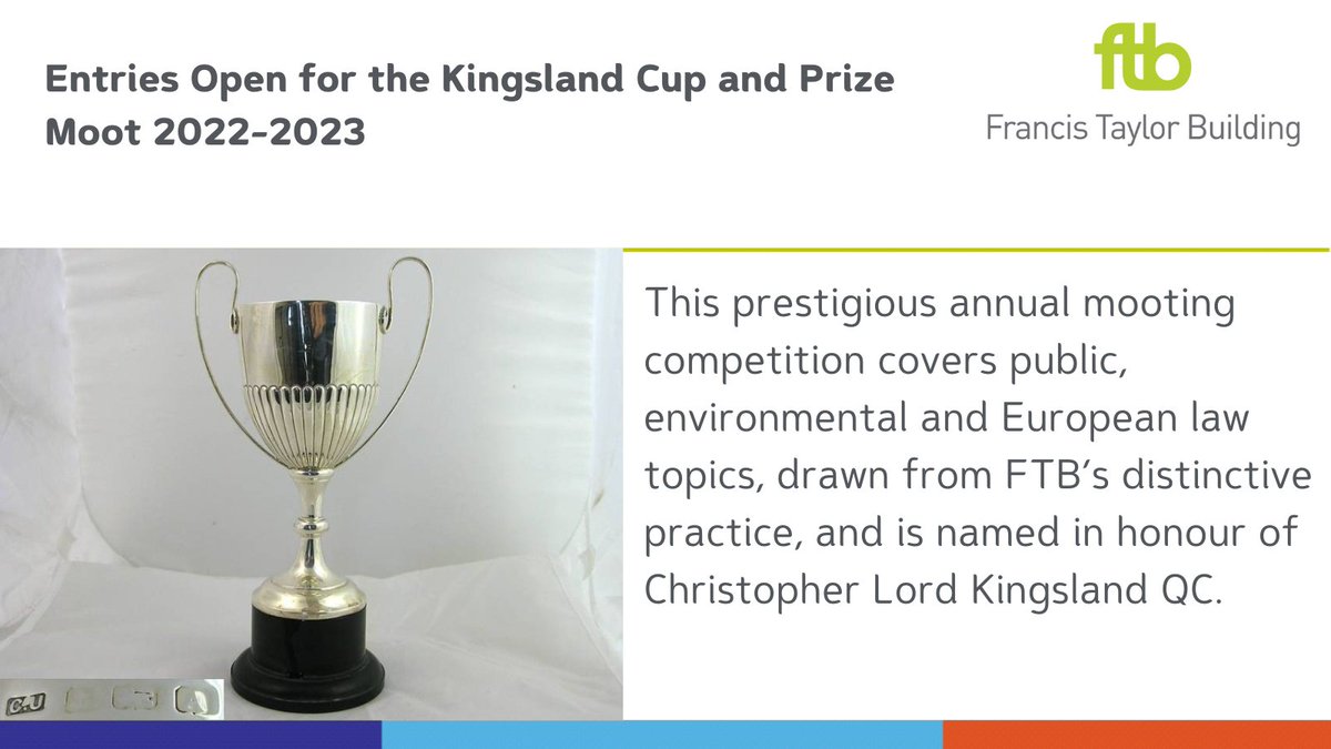 Entries are now open for the 2022-2023 Kingsland Cup and Prize Moot, <a href="/FTB_law/">Francis Taylor Building</a>'s own #mooting competition focussing on our distinctive areas of practice, including public, planning, environmental and European law topics.
More information: ftbchambers.co.uk/students/kings…