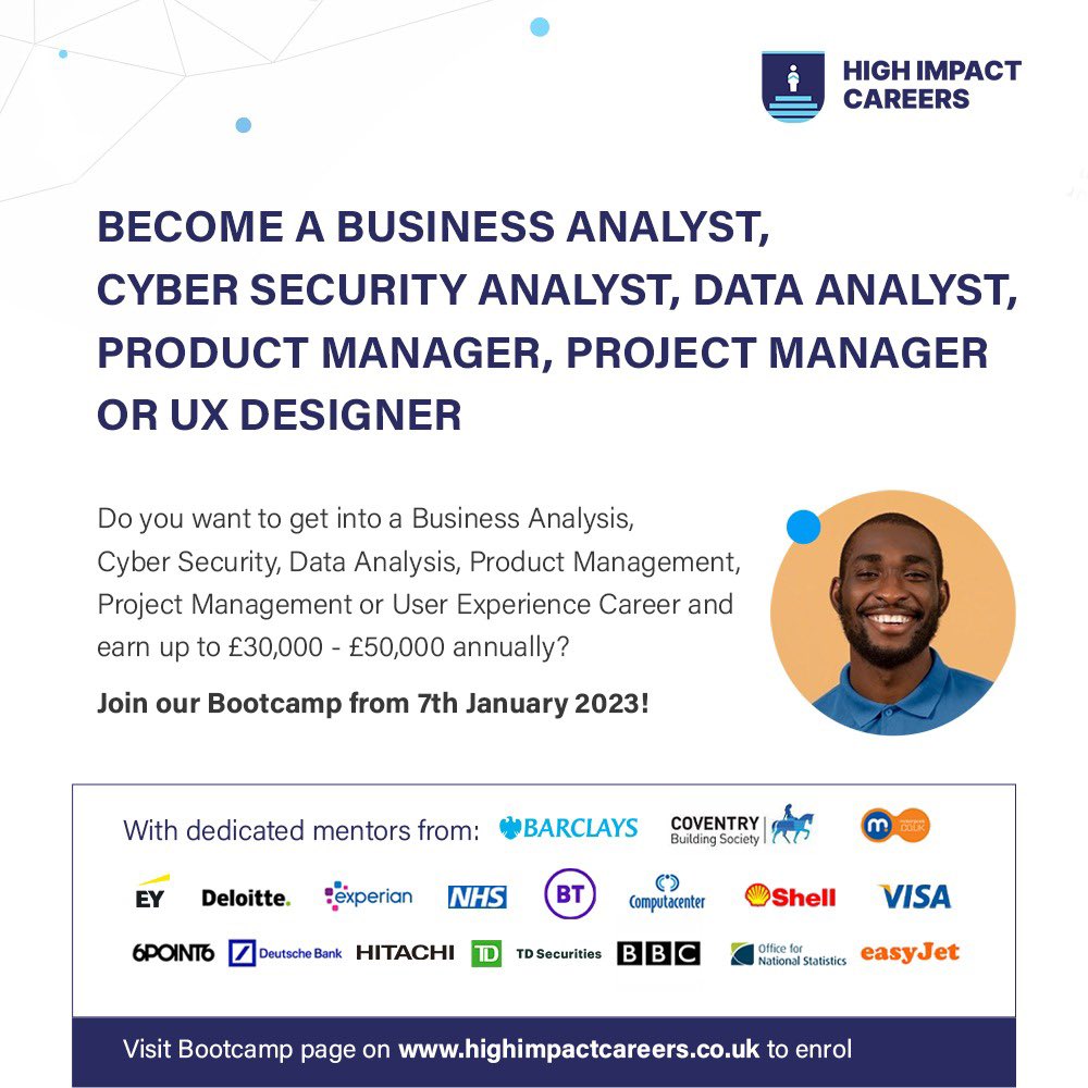 Oludeewon's tweet photo. Join @HighImpact01’s Bootcamp from 7th January 2023 to get the skills, knowledge, confidence, work experience and mentorship needed to transition into any of these roles in the new year. 

Visit https://t.co/uQpU4ODU1L for details and to enrol today!

Check fliers here 🔽: https://t.co/MPdazhnSMC