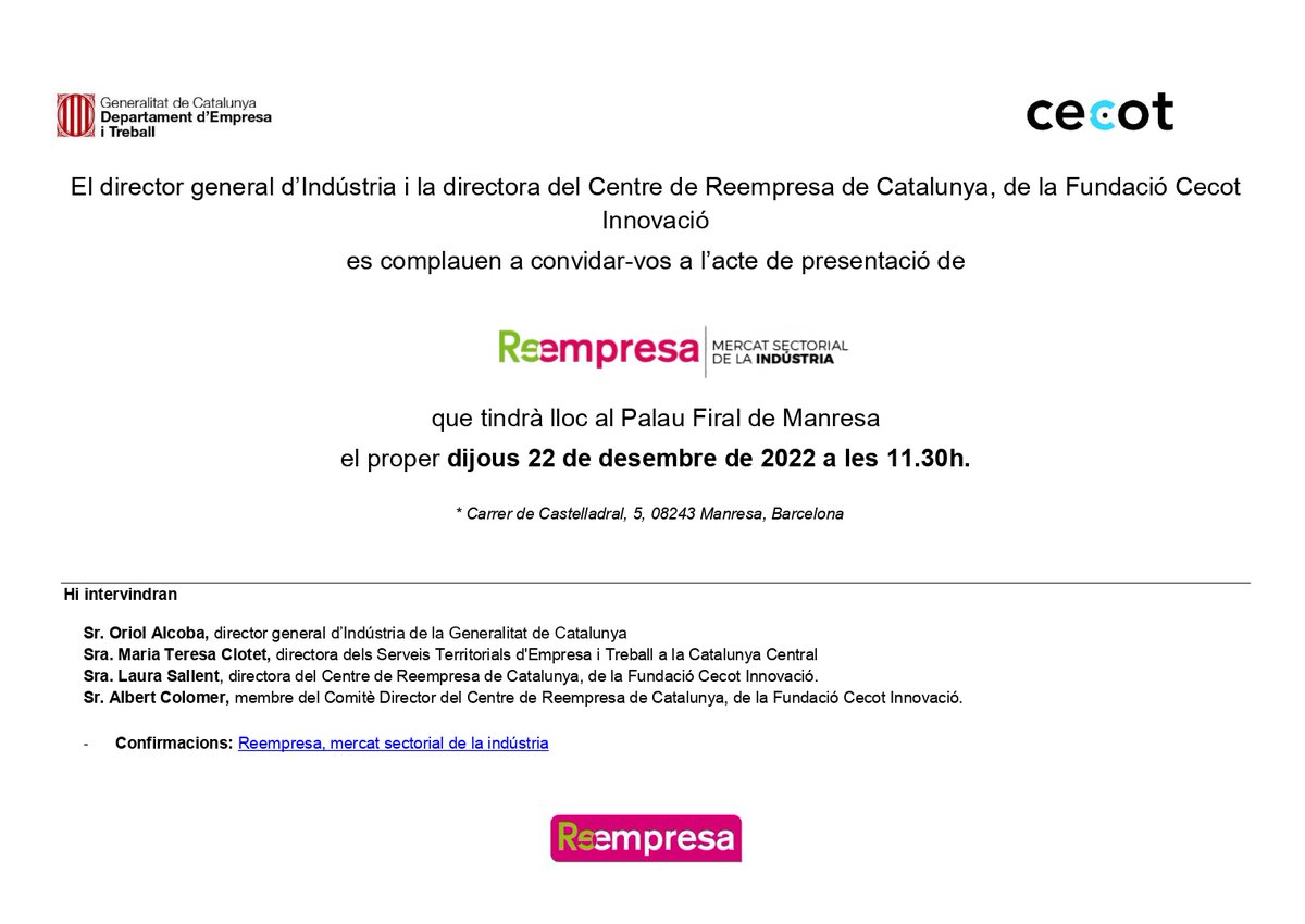 govcatcentral's tweet photo. ♾ Aquest dijous, 22 de desembre, es presenta Reempresa, Mercat sectorial de la indústria - @Reempresa, en un acte a #Manresa.

Hi intervindran @oalcoba i @3amanresa (@empresacat) i @LauraSallent i @AlbertColomer (@PatronalCecot).

Inscripcions: https://t.co/QdGvWNbbGA https://t.co/0ithSETIY7