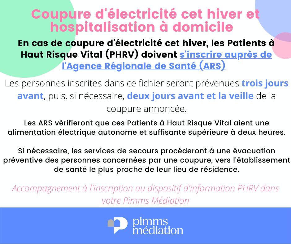 🏡 Si vous ou un proche êtes hospitalisé à domicile, vous inscrire auprès de l’Agence Régionale de Santé (ARS) afin de trouver des solutions en cas de coupures d’électricité ! 

📞 Plus d’informations et accompagnement dans votre Pimms Médiation.  

#PimmsMediation #Electricité