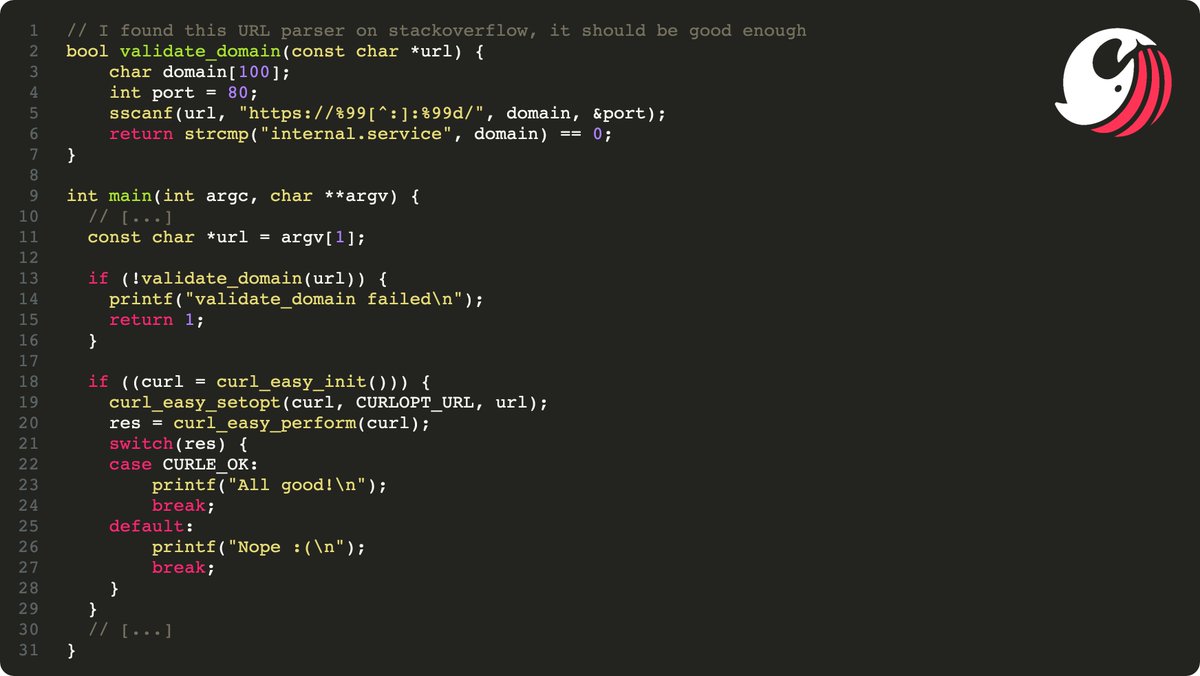 Sonar_Research's tweet image. Can you spot the vulnerability? #codeadvent2022 #C
Is there a way to hit very-sensitive-internal.service? 
No TOCTOU here, as the targeted service validates the Host header very strictly.
sonarsource.com/knowledge/code…