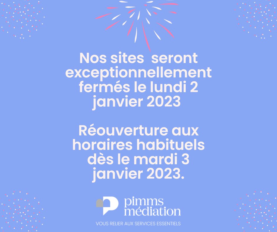 PimmsAmplepuis's tweet image. 📆 Pour le nouvel an, le Pimms Médiation ferme ses portes à partir de midi le vendredi 30 décembre et réouvre le mardi 3 janvier aux horaires habituels. 

Merci de votre compréhension.  

#PimmsMediation #NouvelAn #BonnesFetes