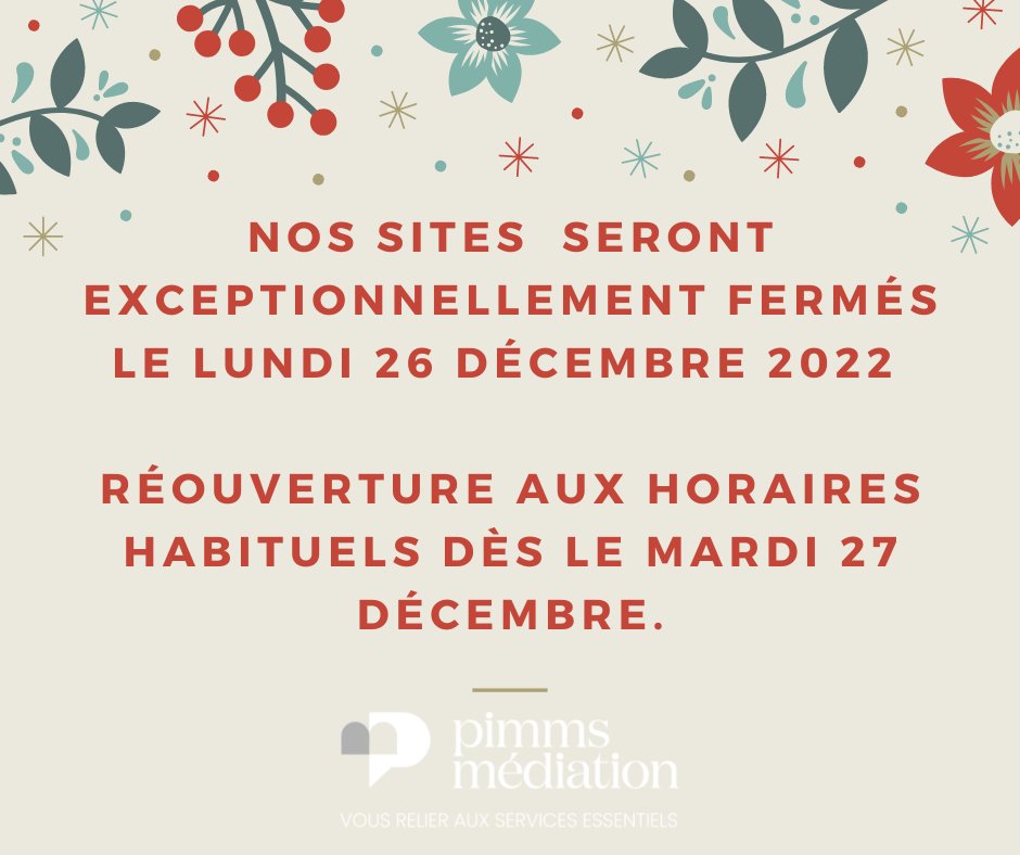 PimmsAmplepuis's tweet image. 🎅 Pour Noël, le Pimms Médiation ferme ses portes à partir de midi le vendredi 23 décembre et réouvre le mardi 27 décembre aux horaires habituels.  

Merci de votre compréhension. 

#PimmsMediation #Noel #BonnesFetes