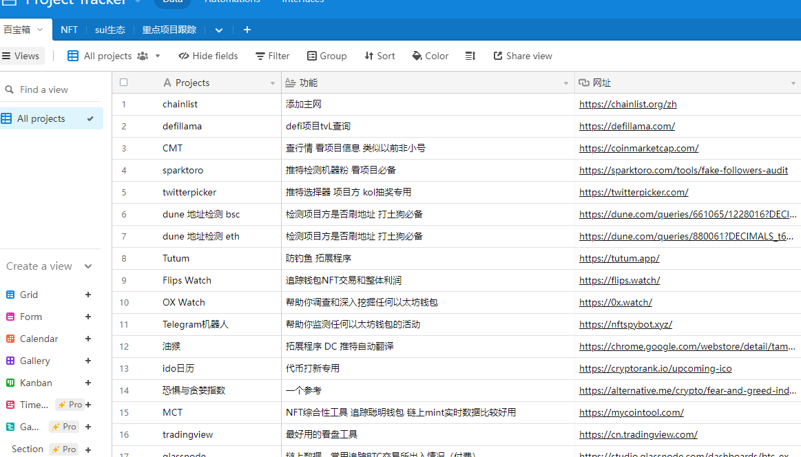 分享部分常用工具：
chainlist：添加主网 chainlist.org/zh
defillama：defi项目tvL查询 defillama.com
sparktoro：推特检测机器粉 sparktoro.com/tools/fake-fol…
Tutum：防钓鱼 tutum.app
Flips Watch：追踪钱包NFT交易和整体利润flips.watch