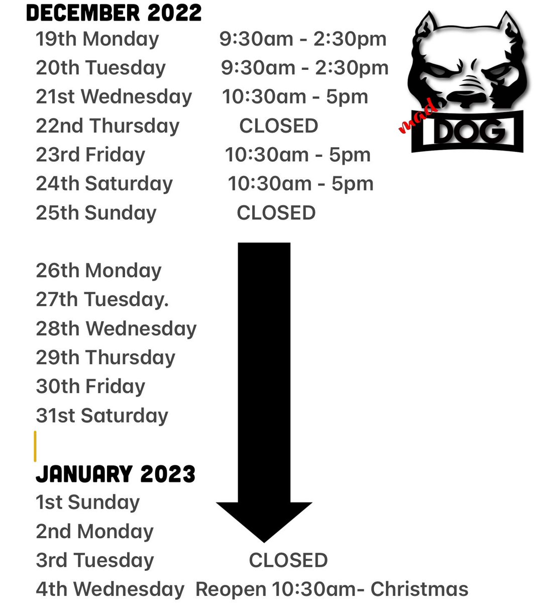 Maddogsboxing's tweet photo. Christmas opening times 
Massive thank you to everyone who has used our store this year, its truly appreciated and wishing you all a very Merry Christmas and a Happy New year 🥊 https://t.co/4bk62s2xHS