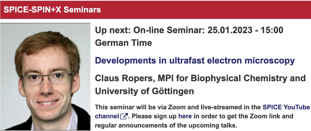SPICE_Mainz's tweet image. Talk on Wed. at 15:00, Januar 25th, by Claus Ropers at the @SPICE_Mainz - @spin_plus_x seminars - Developments in ultrafast electron microscopy - spice.uni-mainz.de/2022/11/20/on-… by Zoom-Webinar or live on #SPICEYouTube