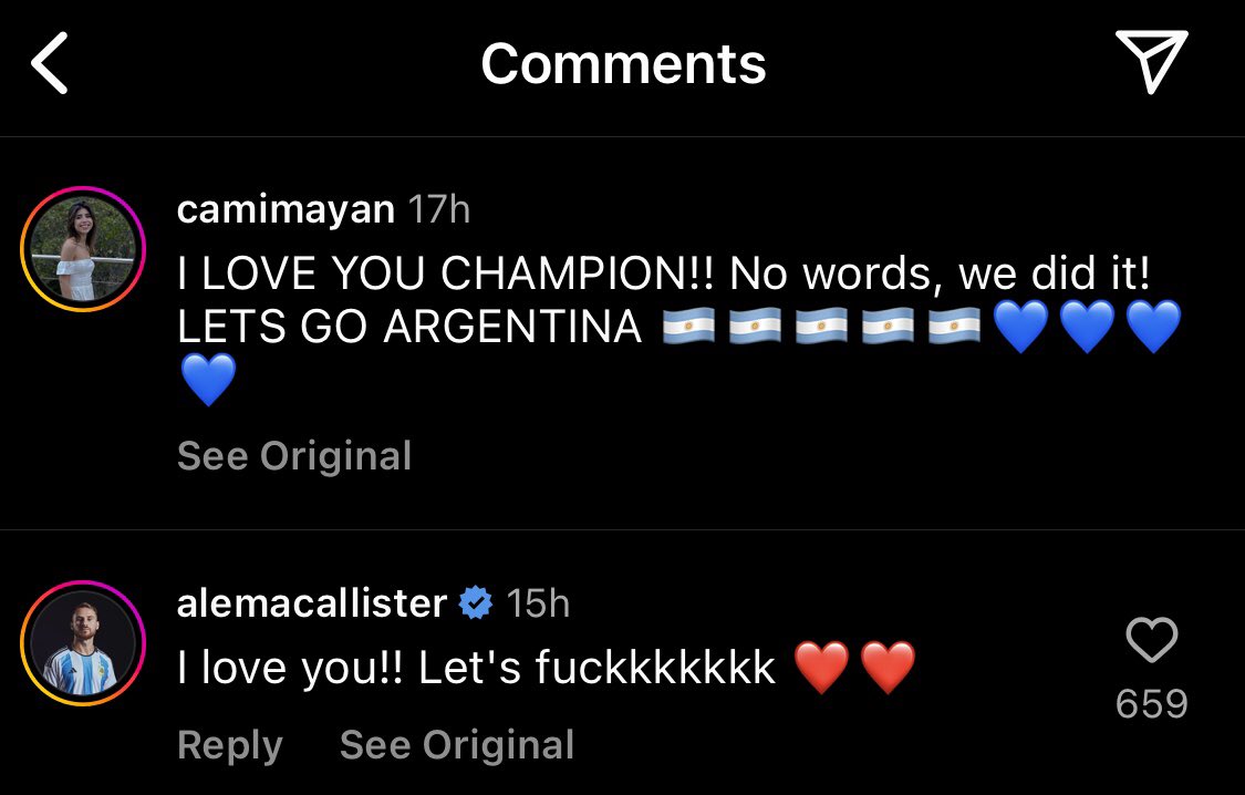 HLTCO's tweet photo. No messing around from Alexis MacAllister in the comments. 👀 https://t.co/eWM0Iz8ELJ