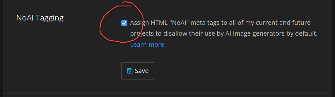 This should be on by default <a href="/ArtStationHQ/">ArtStation.com</a> . To other artists note you need to actively OPT OUT of having your work scraped to fuel the profits of Ai companies.

Just because our copyright, and data protection laws weren't designed to deal with this use case doesn't make it ok.