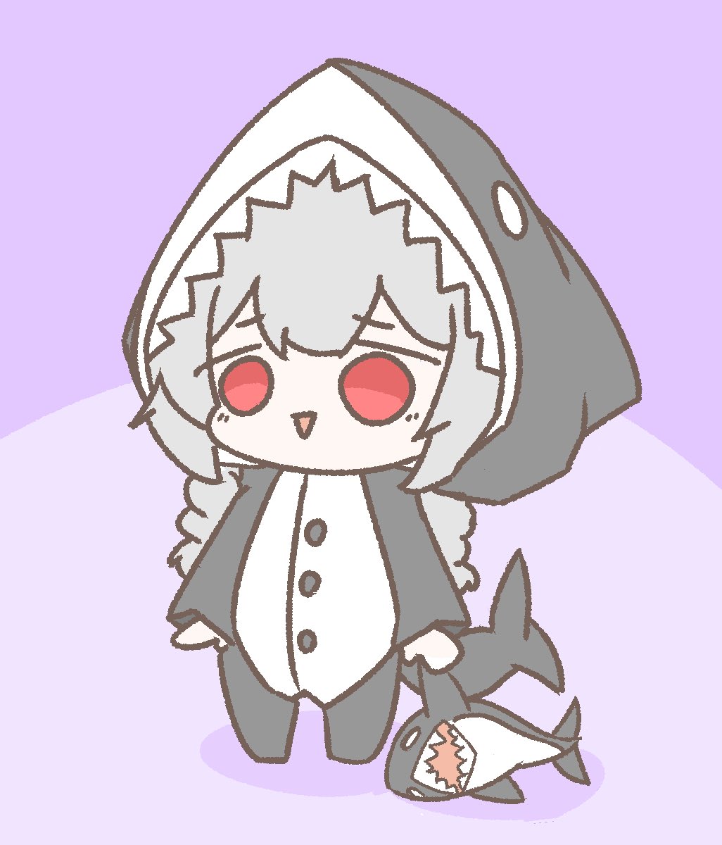 specter (arknights) 1girl red eyes triangle mouth shark costume chibi stuffed toy solo  illustration images