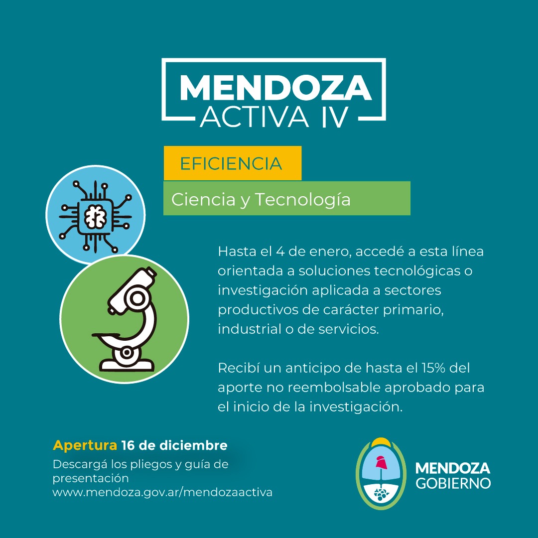 #MendozaActiva4 - CIENCIA Y TECNOLOGÍA
 
✍🏼 Hasta el 4 de enero, accedé a esta línea orientada a soluciones tecnológicas o investigación aplicada a sectores productivos de carácter primario, industrial o de servicios.