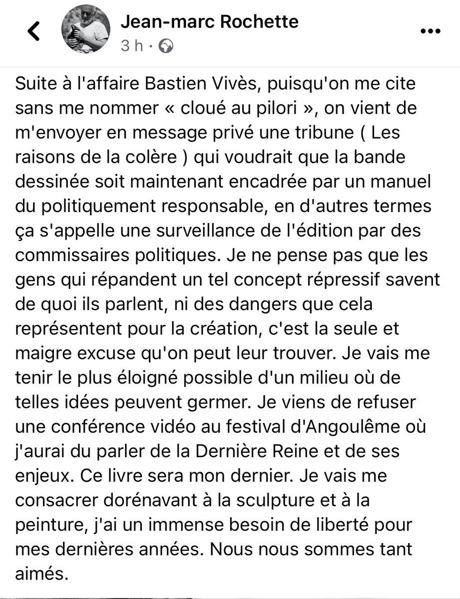 J_Lachasse's tweet photo. En réaction à la polémique Bastien Vivès et à la tribune "Les Raisons de la colère" publiée sur Mediapart, Rochette annonce arrêter la BD: "Je vais me consacrer dorénavant à la sculpture et à la peinture, j'ai un immense besoin de liberté pour mes dernières années" https://t.co/CJwnADdxxi