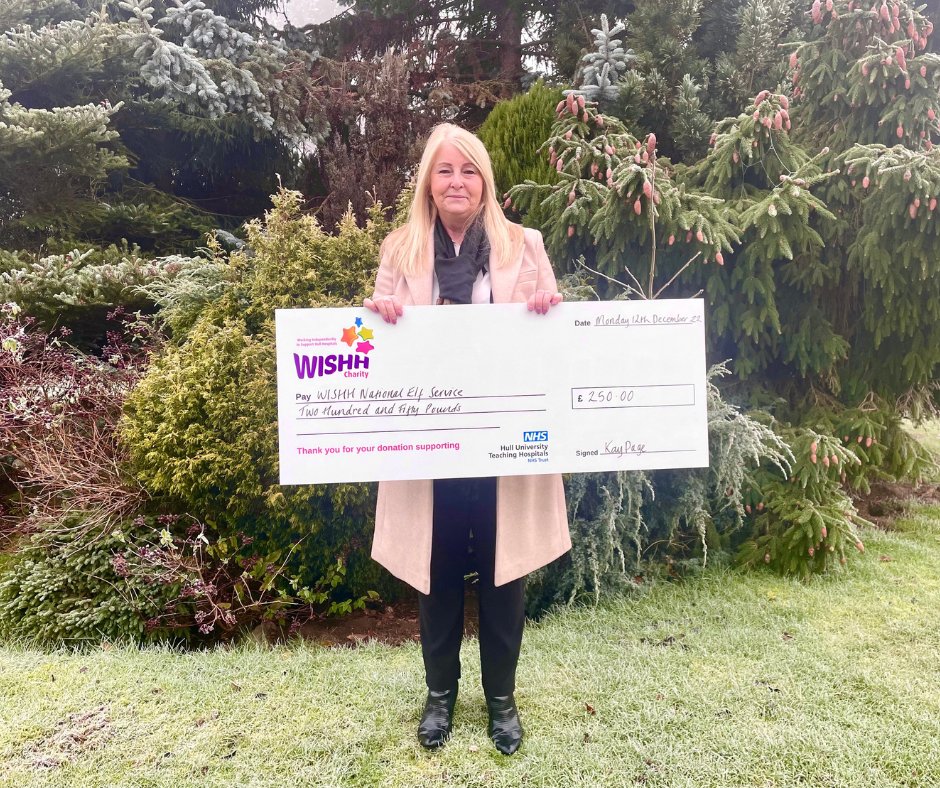 wishhcharity's tweet photo. Thank you to Kay Page who brought in a donation for our #NationalElfService, raised at the funeral of her mum, Maureen, who wanted donations to benefit children. Thanks to all who donated &amp; Kay for choosing to support our appeal to bring joy to children in hospital this Christmas https://t.co/spHqR7RIiZ