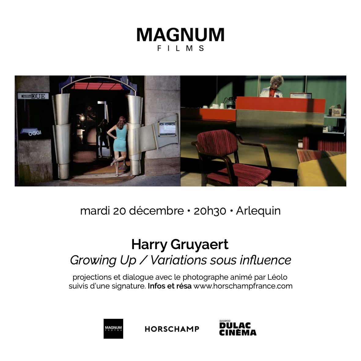 Magnum film screening tomorrow, December 20, in Paris 🇫🇷 

<a href="/HorschampFR/">horschamp</a> is screening two films by Harry Gruyaert at Cinéma l'Arlequin 📽️

Book your tickets here: bit.ly/3gfZsHF