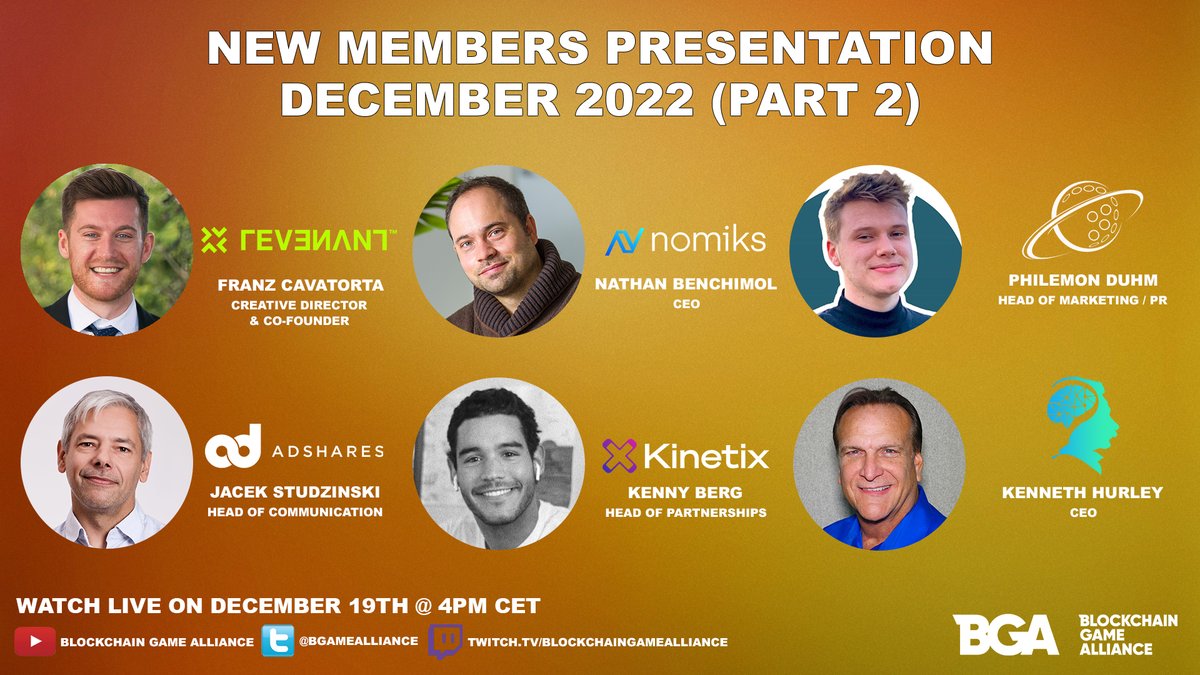 🚨IN 2 HOURS🚨
Our last New Members Presentation of the Year 2022 with <a href="/RevenantGamefi/">Revenant</a> <a href="/Nomiks7/">Nomiks</a> <a href="/socialmedia_csf/">CryptoSpaceFleet</a>
 <a href="/adsharesNet/">Adshares</a> @Kinetix_studio @VenturesGenius
  
📺youtube.com/watch?v=sy3geh…
🕹️buff.ly/3gQJVy5