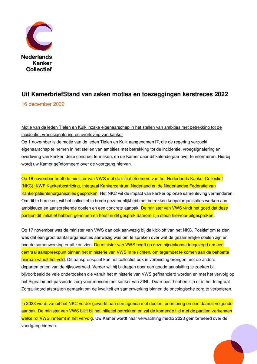 Nederlands Kanker Collectief (@nkckanker) on Twitter photo In Kamerbrief svz moties en toezeggingen kerstreces 2022 informeert <a href="/ministerVWS/">Jan Anthonie Bruijn</a> de Kamer over de voortgang Motie <a href="/JudithTielenVVD/">Judith Tielen</a> en <a href="/AnneKuik/">Anne Kuik</a>. De toezeggingen van VWS steunen ons om samen met overige partijen te werken aan de Nederlandse Kankeragenda!
See translation In Kamerbrief svz moties en toezeggingen kerstreces 2022 informeert <a href="/ministerVWS/">Jan Anthonie Bruijn</a> de Kamer over de voortgang Motie <a href="/JudithTielenVVD/">Judith Tielen</a> en <a href="/AnneKuik/">Anne Kuik</a>. De toezeggingen van VWS steunen ons om samen met overige partijen te werken aan de Nederlandse Kankeragenda!
See translation