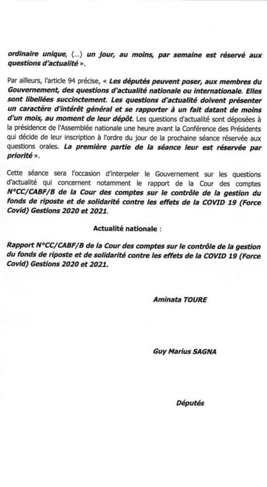 Aminata TOURE (@aminatatoureklk) on Twitter photo Moi et l’honorable député Guy Marius Sagna avons déposé des questions d’actualité au gouvernement en application des articles 92 et 94 du Règlement Intérieur de l’Assemblée nationale.#covid19 Moi et l’honorable député Guy Marius Sagna avons déposé des questions d’actualité au gouvernement en application des articles 92 et 94 du Règlement Intérieur de l’Assemblée nationale.#covid19