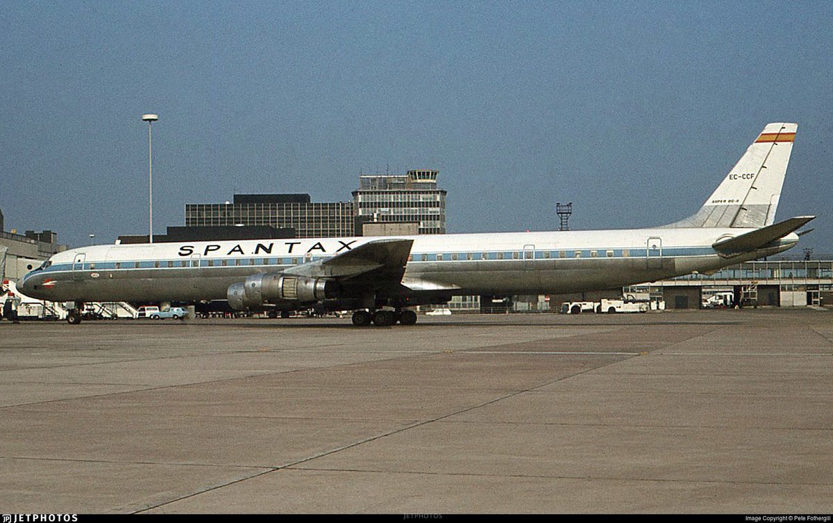 A Spantax DC-8-61 seen here in this photo at Manchester airport in May 1978 #avgeeks ©- See photo