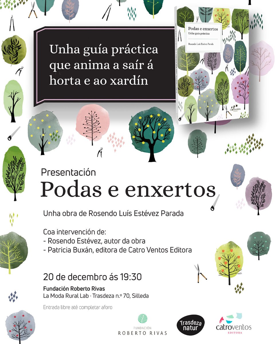 rr_fundacion's tweet image. Lembrámosvos que mañá martes 20 ás 19:30h no noso espazo #LaModaRuralLab, na rúa Trasdeza 70 en #Silleda 📍, ten lugar a presentación do libro «Poda e enxertos», unha guía práctica para o mantemento, estética e reproducción das especies máis comúns na xeografía galega 🌿.