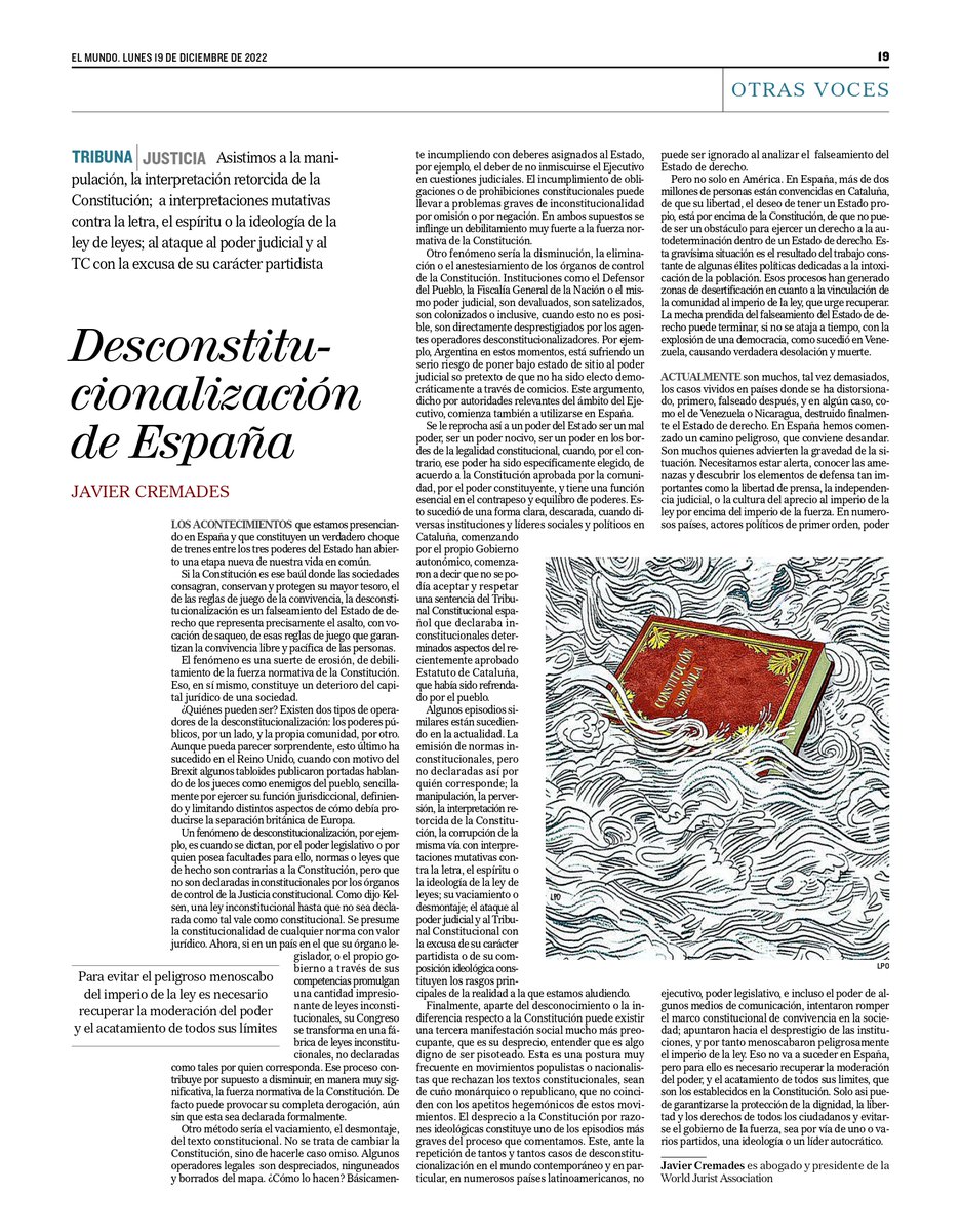 .<a href="/JavierCremades/">Javier Cremades</a>, fundador de <a href="/cremadescsotelo/">Cremades&CalvoSotelo</a> y presidente de la <a href="/worldjurist/">World Jurist Association</a> y la <a href="/WorldLawFound/">World Law Foundation</a>, escribe hoy en <a href="/elmundo/">pruebamundo</a>: Desconstitucionalización de España #constitucion #poderjudicial #tribunalconstitucional #dignidad #libertad