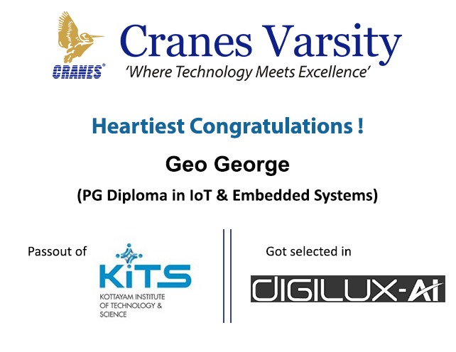 CranesVarsity's tweet photo. Congrats George!

#IoT #embeddedsystems #courses #training #electronics #cprogramming #oops #Linux #programming #rtos #pythonprogramming #microcontroller #raspberrypi #placement #job #Career #achievement #Congratulations #success #engineering #cranesvarsity #edtech #bangalore https://t.co/E0qcfyTyRH