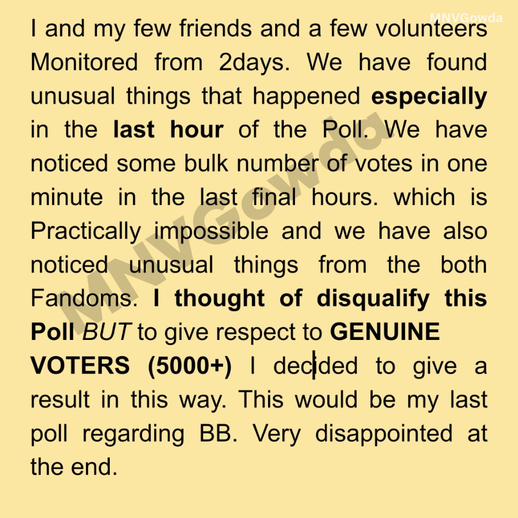 I tried to be as authentic as possible 🙂
I considered before the Final hour data and declaring Results: 𝐏𝐨𝐥𝐥 𝐢𝐬 𝐓𝐢𝐞 #BBK9 #BiggBossKannada #ColorsKannada
#RoopeshShetty #RupeshRajanna
#RakeshAdiga #DivyaUruduga 
Please read the yellow page note 🙂