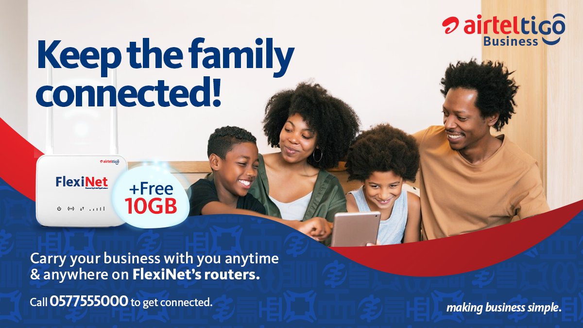 theatghana's tweet photo. What does connectivity mean to you?

To us, it means giving you the opportunity of spending quality family time doing the things you love doing online.

Enjoy free 10GB data when you buy a router for only GH₵570. Visit our shops to buy or call 0577555000. 

#MakingBusinessSimple https://t.co/ORcljcuYcm