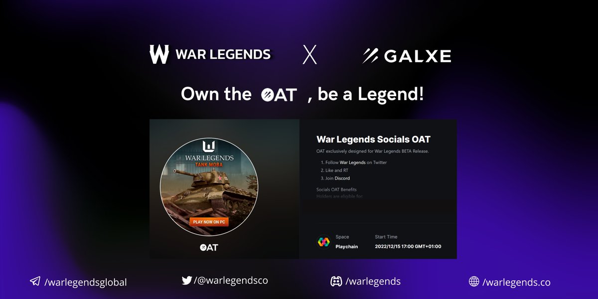 warlegendsco's tweet photo. The #GalxeOAT holders will have a lot of benefits!

✨ Exclusive AMAs Rewards
💎 Whitelist to War Legends Events
🔥 Special discounts on our Lootboxes
💥 Additional benefits with other Web3 partners

Mint yours now⬇️

https://t.co/GiJwHP5UpC

Powered by @Galxe https://t.co/XHDGmDw6y9