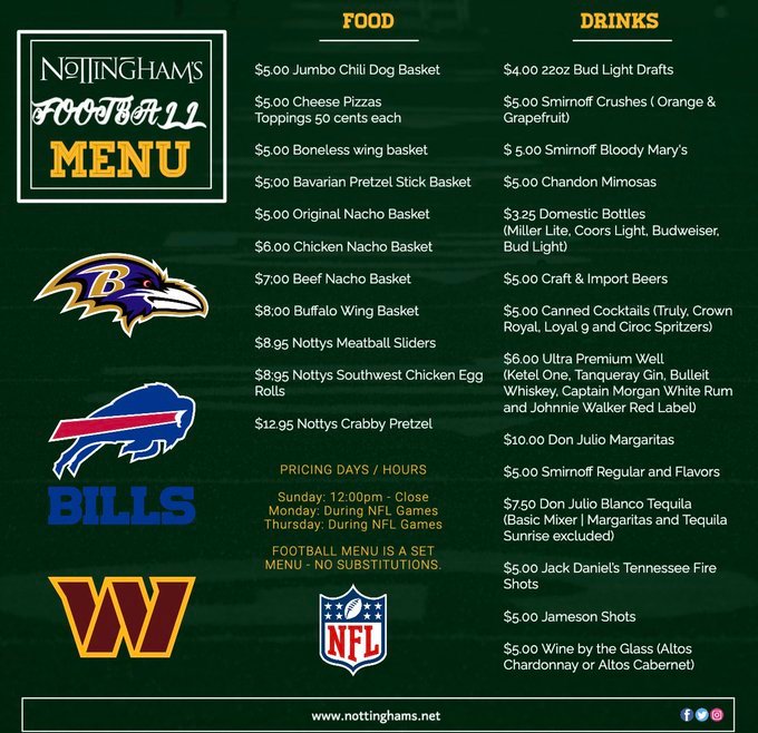 NottinghamsMD's tweet photo. Monday Night Football. Football food and drink specials during the game.

SERVICE INDUSTRY NIGHT
9:00pm – Close
50% off for people who work in the restaurant industry w/ Industry Card! (Restrictions apply on certain items) https://t.co/E9FXwVBXKc
