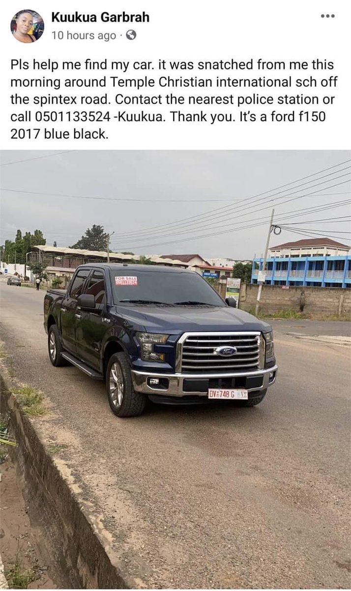 lydiaforson's tweet photo. Pls help my friend find her car; it was snatched from her this morning around Temple Christian international sch off the spintex road. 

Please Contact the nearest police station or call 0501133524 -Kuukua. Thank you. It’s a ford f150 2017 blue black.

~Kuukua https://t.co/mtHiDtJAan