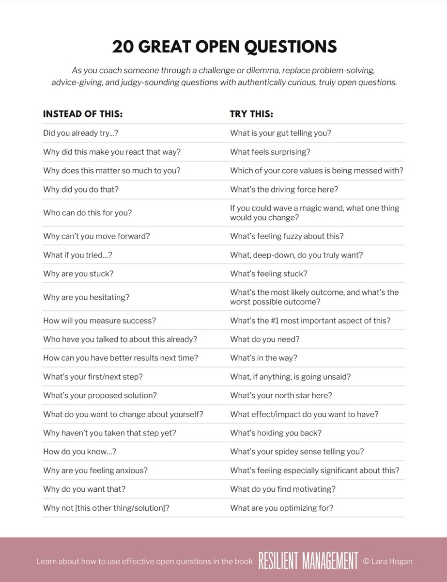 lucaronin's tweet image. Here is a great list by @lara_hogan that shows how you can turn &quot;regular&quot;, sometimes judgy questions into open, psychologically safe ones 👇