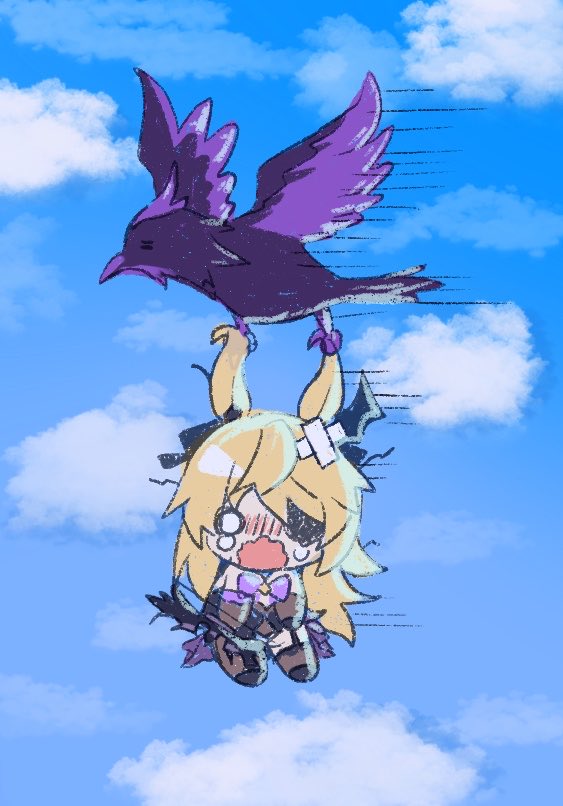 fischl (genshin impact) 1girl bird cloud blonde hair tears eyepatch sky  illustration images