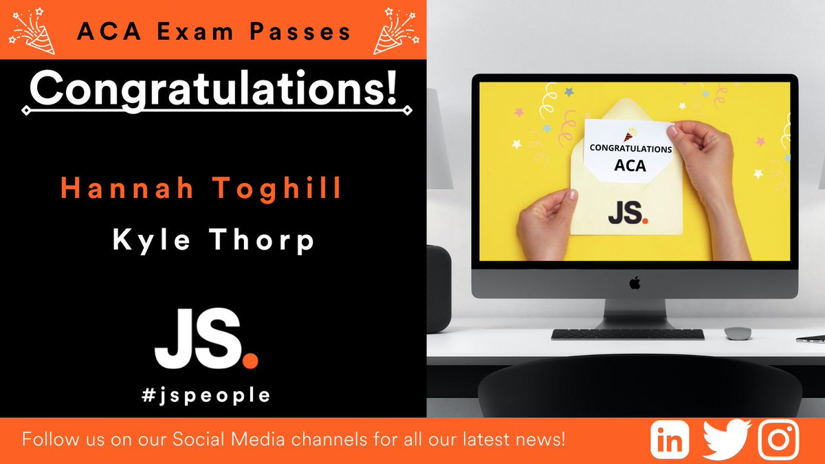 jsllp's tweet photo. We start the week with exciting news about our teamโs latest exam successes.
Congratulations to Hannah Toghill on passing her final ACA exam and becoming qualified. Also, congratulations to Kyle Thorp for passing his latest ACA exam!
#congratulations #jspeople #accountancy https://t.co/qVxiq4P8wi