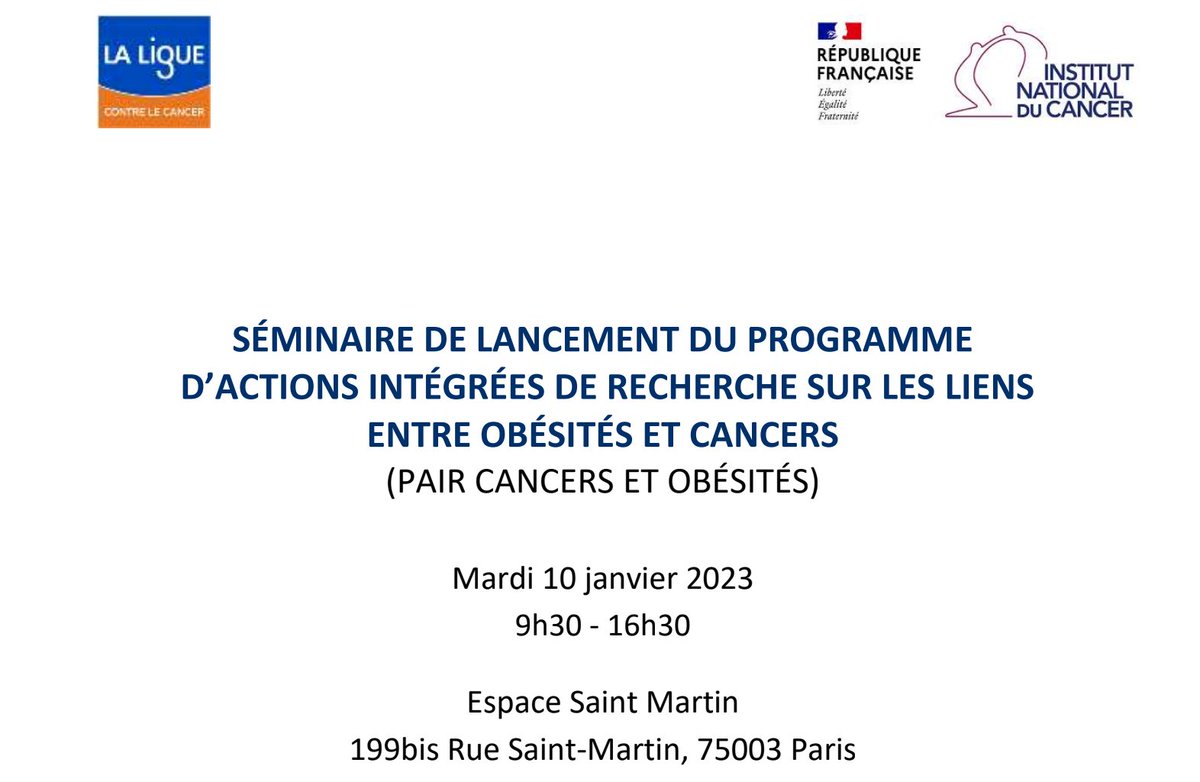 📅Le 10 janvier 2023, l’<a href="/Institut_cancer/">Institut national du cancer</a> et <a href="/laliguecancer/">La Ligue contre le cancer</a> proposent le séminaire de lancement de leur nouveau Programme d’Actions Intégrées de Recherche (PAIR) « #Obésités et #Cancers » à l'Espace Saint-Martin, #Paris et en ligne.
✍️Inscription gratuite : bit.ly/3HK0mHo
