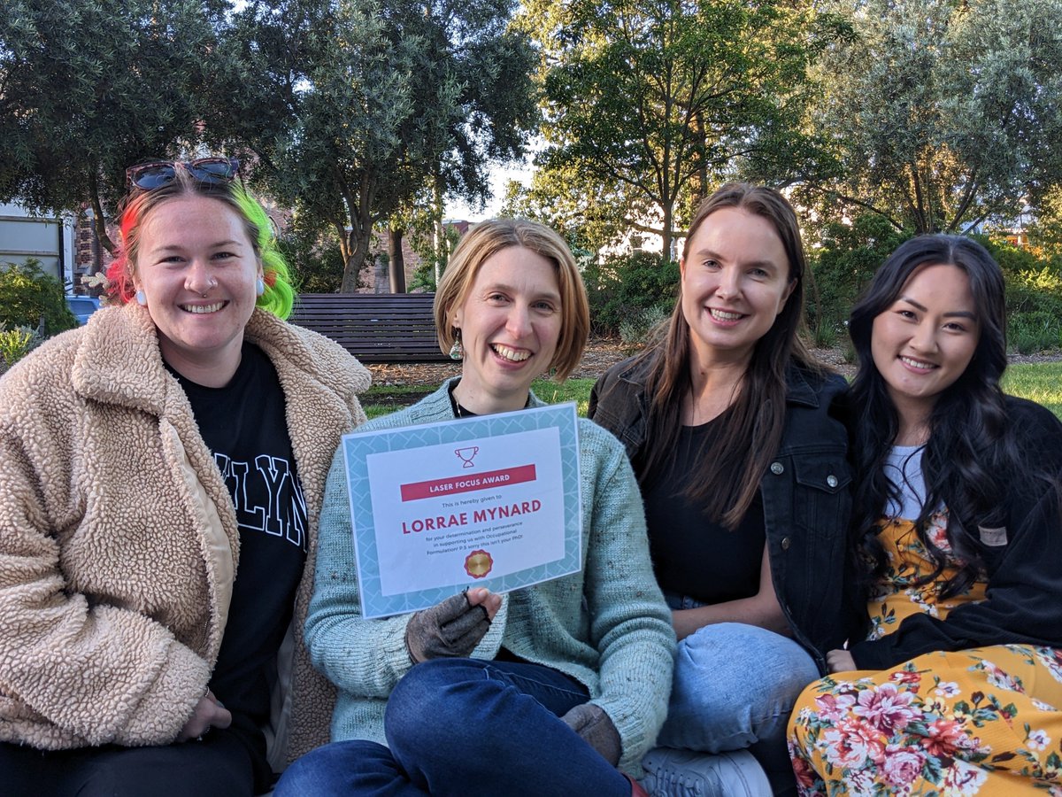 LorraeMynard's tweet photo. Enjoyed reflecting on 2022 at a picnic with the amazing @Forensicare occupational therapy team. And while apologising that it isn't my actual PhD certificate, they gave me a "laser focus" award for perseverance in supporting the team with #occupationalformulation https://t.co/hg5VJuVt9j