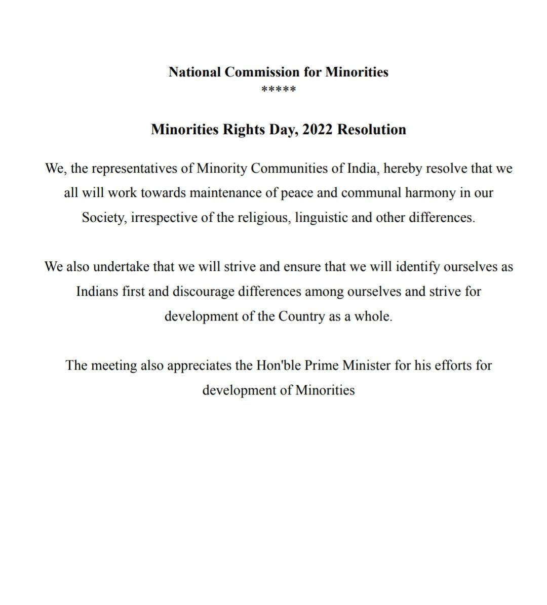 Resolution passed on #MinorityDay at National Commission for Minorities on 16th December, 2022, thanking Hon'ble PM <a href="/narendramodi/">Narendra Modi</a> for his efforts for the development of the minorities.

<a href="/PMOIndia/">PMO India</a>
<a href="/AmitShah/">Amit Shah</a>
<a href="/smritiirani/">Smriti Z Irani</a>
@johnbarlabjp