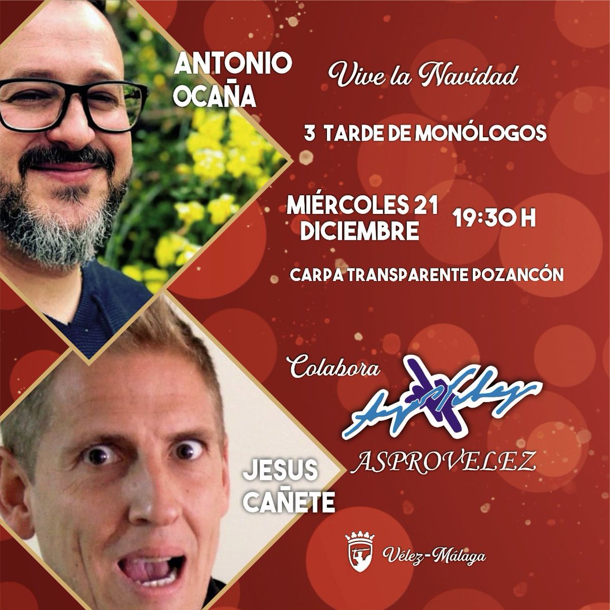 ¡Buenos días!
Este Miércoles día 21 volvemos a las tardes de Monólogos. Os esperamos en la barra para disfrutar con la actuación de <a href="/ocanantonio/">Antonio Ocaña</a>  y #jesuscañete.
A partir de las 19:30 h. en la Carpa transparente de Pozancón #monologos #velezmalaga